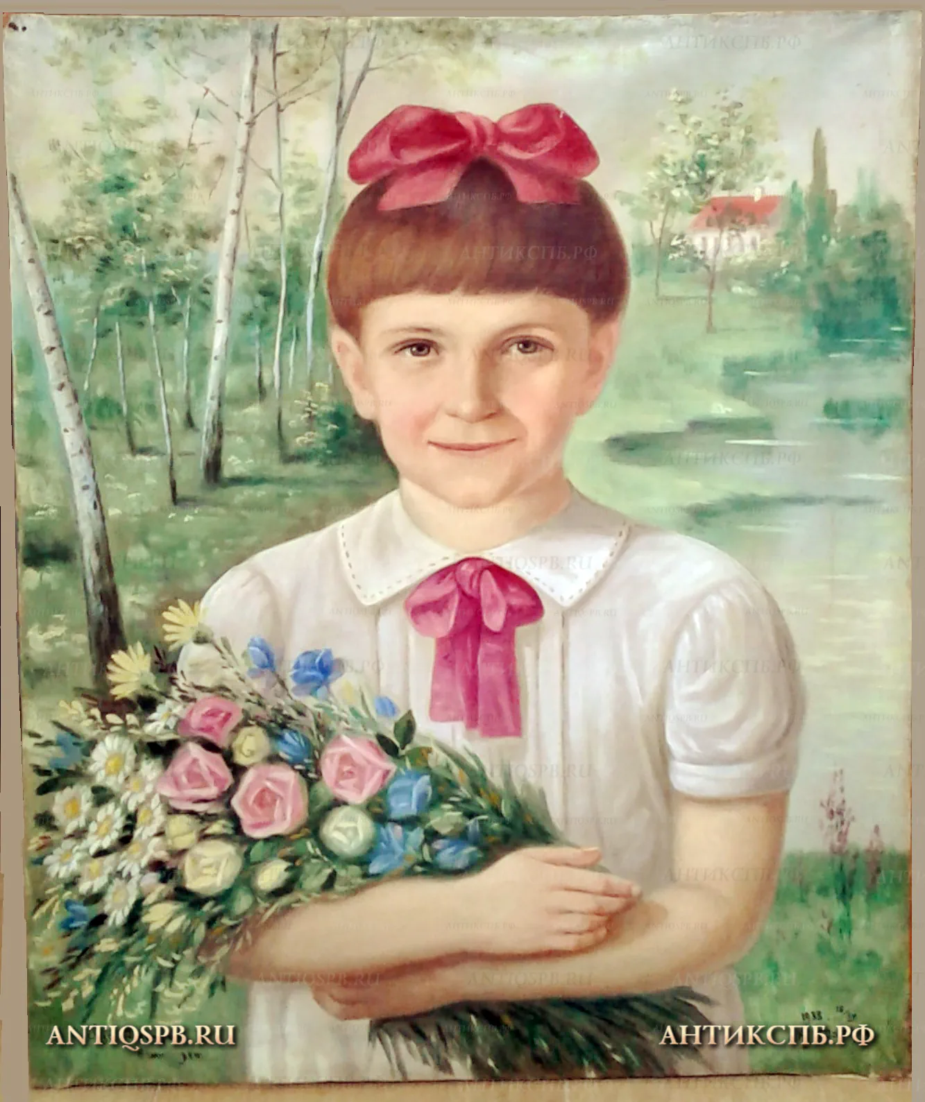Картина старинная "Девочка с цветами". Холст, масло. Автор: К. Данюкин. СССР. 1938 г. №21802